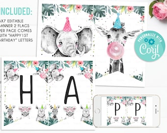 Happy Birthday Banner Safari Animals Girl Pink Party Animals Wild One Birthday Girl Zoo Decorations Instant download Printable Digital