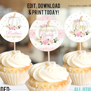 EDITABLE Pumpkin Birthday Cupcake toppers, Floral Pink and gold Girl little Pumpkin Baby Shower cake topper, Fall Autumn Instant Download