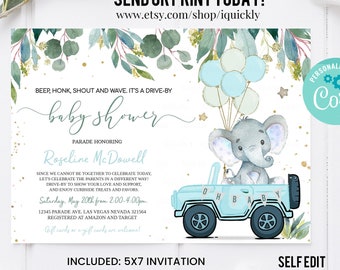 Editable Drive By Baby Shower Invitation Elephant Baby Shower Drive Through Invites Social Distancing Boy Baby Shower Instant Download