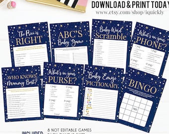 Twinkle twinkle little Star Baby Shower Games, Gender Neutral Baby Shower Game Bundle, Navy and Gold, Moon and Star Instant Download Digital