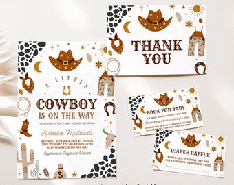 Editable Cowboy Baby Shower Invitation Bundle Wild West Western Baby Shower Rodeo Boy Country Southwestern Ranch Set Instant Download