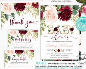 Blush Burgundy Floral Roses Baby Girl INSTANT DOWNLOAD Baby Shower Games Bundle 8x Rose Gold Glitter Party Games Printable FLO37