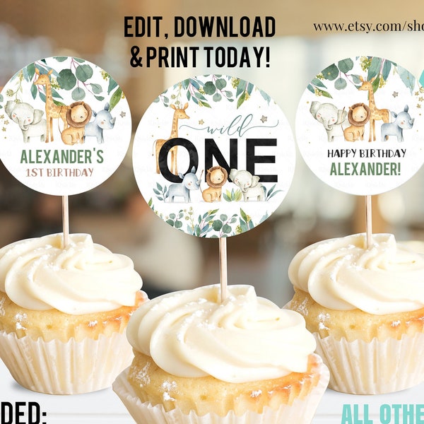 EDITIERBARE Safari Geburtstag Cupcake Toppers, Dschungel Tiere Party Dekorationen, Wild One Cupcake Toppers Sofortiger Download Printable Digital