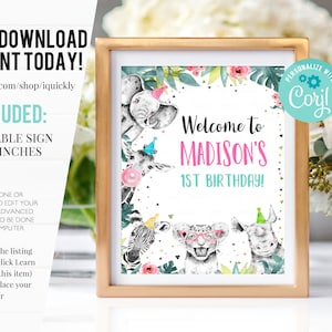 Editable Party Animals Welcome Sign Party Animal Sign Zoo Safari Welcome Jungle Sign Birthday Animals Girl Template Printable Corjl