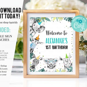 Editable Party Animals Welcome Sign Party Animal Sign Zoo Safari Welcome Jungle Sign Birthday Animals BOY Template Printable Corjl