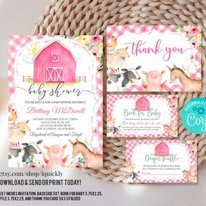 Farm Baby Shower Invitation Set, EDITABLE Girl Farm animals Invitations Pack, Package Farm Theme Girl Baby shower invites Instant download