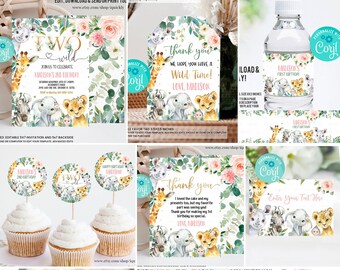 Editable Safari Party Decorations, Girl Two Wild Party Package Birthday Invitations Bundle Jungle animals Template Digital Instant Download