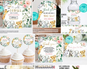 Editable Safari Party Decorations, Girl Young wild three Party Package Birthday Bundle Jungle animals Template Digital Instant Download