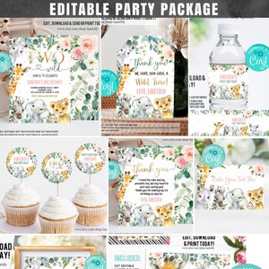Editable Safari Party Decorations, Girl Two Wild Party Package Birthday Invitations Bundle Jungle animals Template Digital Instant Download