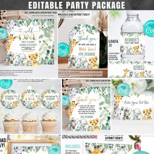 May include: Editable party package for a first birthday with a jungle theme. The package includes an invitation, thank you card, cupcake toppers, bottle labels, favour tags, food tags, banner, and a welcome sign. The design features a giraffe, elephant, lion, and other jungle animals with a green and gold colour scheme.