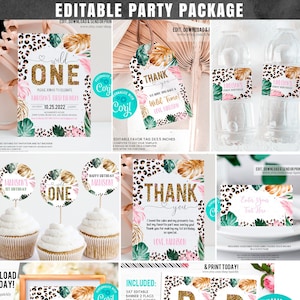 Decorações de festa com estampa de leopardo editável para menina selvagem pacote de festa de aniversário pacote de convite de aniversário modelo de animais da selva download digital instantâneo