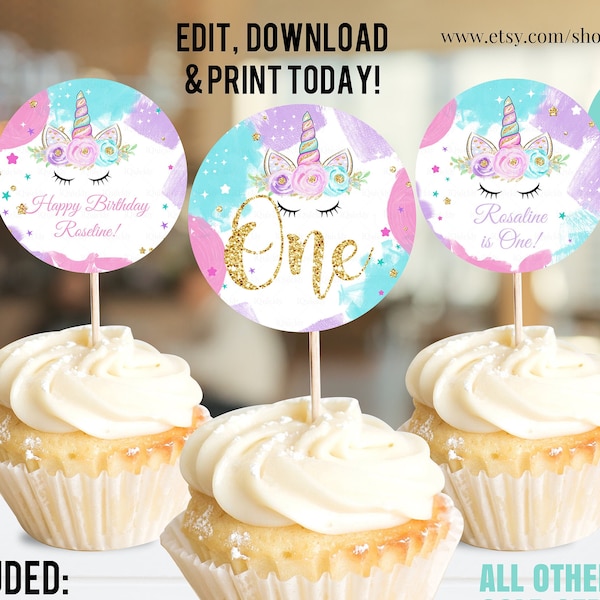 EDITABLE Unicorn Cupcake Toppers, Unicorn Circle Decoration, Unicorn Birthday Party Rainbow Unicorn Magical Cupcake Toppers Instant download