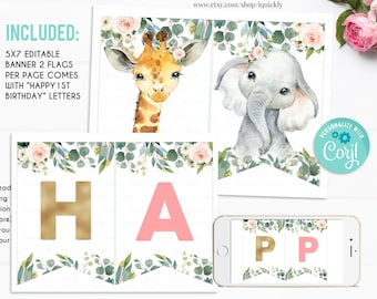 Happy Birthday Banner Safari Animals Girl Pink Party Animals Wild One Birthday Girl Zoo Decorations Instant download Printable Digital