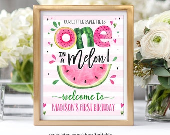 EDITABLE Watermelon Birthday Party Welcome sign, One in a melon Printable 1st Birthday Decorations Template, Girl One Instant download WM3
