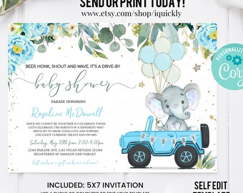 Editable Drive By Baby Shower Invitation Elephant Baby Shower Drive Through Invites Social Distancing Boy Baby Shower Instant Download