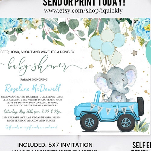 Invitations Paper Editable Drive By Baby Shower Invitation Elephant