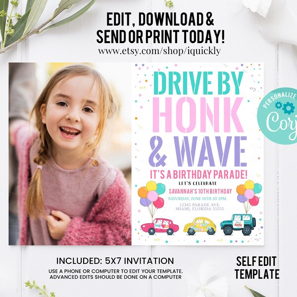 Editable Drive By Birthday Parade Invitation Drive By Kids Birthday Party Photo Invite Drive Through Honk Wave Car Parade Quarantine party