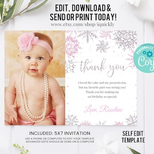 Carte de remerciement modifiable Winter Onederland Photo, carte de note Girl Snowflake, Pink Silver Winter Wonderland Template imprimable Téléchargement instantané