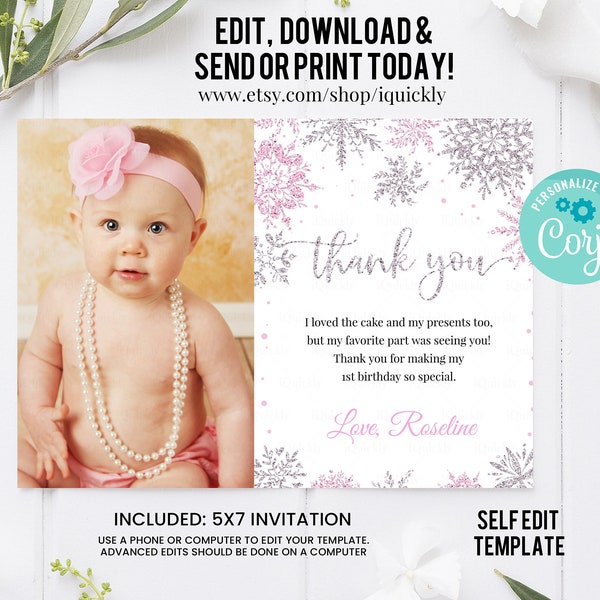 Editable Winter Onederland Photo Thank you card, Girl Snowflake Note card, Pink Silver Winter Wonderland Template Printable Instant download