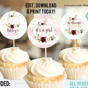 EDITABLE Pumpkin Baby Shower Cupcake toppers Floral Burgundy Girl little Pumpkin Baby Shower cake topper Fall Autumn Instant Download