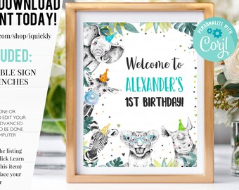 Editable Party Animals Welcome Sign Party Animal Sign Zoo Safari Welcome Jungle Sign Birthday Animals BOY Template Printable Corjl