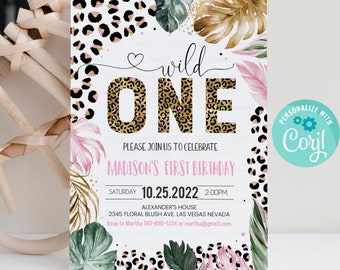 Editable Wild One Leopard Print Jungle Birthday Party Invitation Leopard Print 1st Birthday Party Template Digital Download Invite LE006