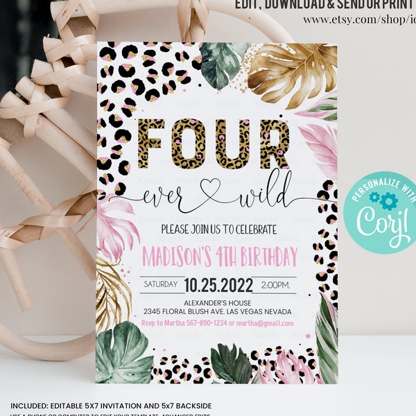 Editable Four Ever Wild Leopard Print Jungle Birthday Party Invitation Leopard Print Four Ever Wild Template Digital Instant Download