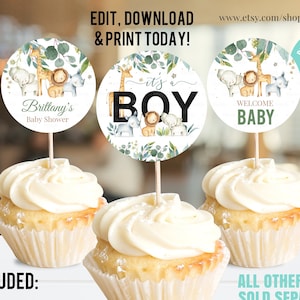 EDITIERBARE Safari Babyparty Cupcake Toppers, geschlechtsneutrale Dschungel Baby Shower Dekorationen, Geburtstag Cake Toppers Sofortiger Download Printable