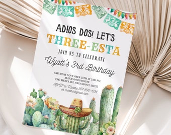 Three esta födelsedagsinbjudan Redigerbar three esta invite fiesta 3-årsdag Mexikansk Taco Cactus Cinco de Mayou Mall Utskrivbar Digital