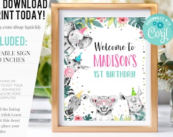 Editable Party Animals Welcome Sign Party Animal Sign Zoo Safari Welcome Jungle Sign Birthday Animals Girl Template Printable Corjl