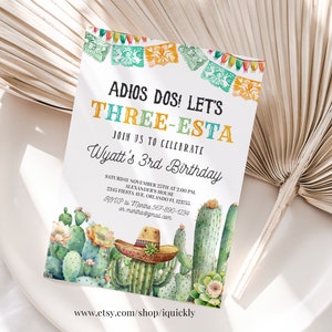 Three esta birthday invitation Editable three esta invite fiesta 3rd birthday Mexican Taco Cactus Cinco de Mayou Template Printable Digital