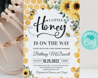 Editable Bee Baby Shower Invitation Sunflower Gender Neutral A Little Honey Baby Shower Invite Printable Template Instant Download