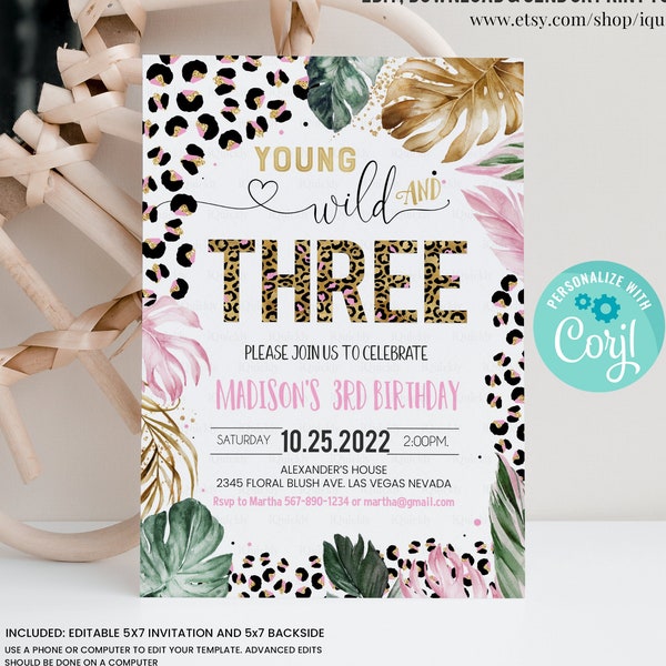 Editable Young Wild And Three Leopard Print Jungle Birthday Party Invitation Leopard  Print Wild And Three Birthday Party Template Digital