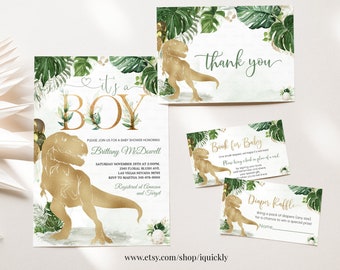 EDITABLE Dinosaur Baby Shower Invitation Set, Gold Boy Invites pack, Dino T-Rex Package Bundle Digital Printable Template Instant download