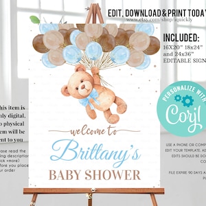 Editable Teddy Bear Baby Shower Welcome Sign, Bear Themed Baby Shower Welcome Sign, Printable Baby Shower Party Sign, Yard sign Download