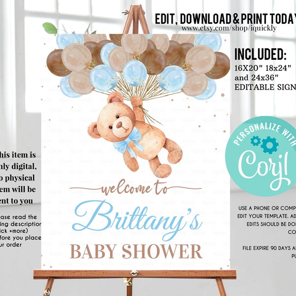 Editable Teddy Bear Baby Shower Welcome Sign, Bear Themed Baby Shower Welcome Sign, Printable Baby Shower Party Sign, Yard sign Download