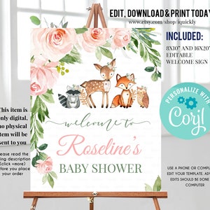 Wald-Baby-Dusche-Willkommens-Schild, EDITIERBARE, Mädchen Waldtiere Geburtstagsschild, Digital, Waldthema Sofortiger Download Vorlage