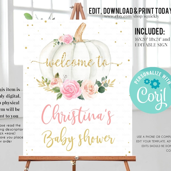 EDITABLE Pumpkin Floral Baby Shower Welcome sign, Pink and gold Pumpkin Sign Decorations Flower White Instant download Template Printable