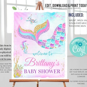 Editable Mermaid Birthday Welcome sign, Baby Shower Under the Sea Party Sign Yard sign Download Printable template Digital Download
