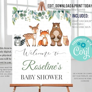Woodland Baby Shower Welcome Sign, EDITABLE, Gender Neutral, woodland animals Birthday sign, Digital, Woodland Theme Instant download