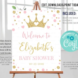 EDITABLE Princess Baby Shower Welcome sign, Pink and gold Printable 1st Birthday Decorations polka dot, Instant Download Template