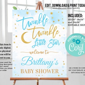 Editable Welcome Twinkle Twinkle Little Star Baby Shower Sign, Pink and Gold Birthday Sign Bridal Shower Instant download Printable DIY