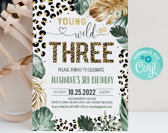 Editable Young Wild And Three Leopard Print Jungle Birthday Party Invitation Leopard  Print Wild And Three Birthday Party Template Digital