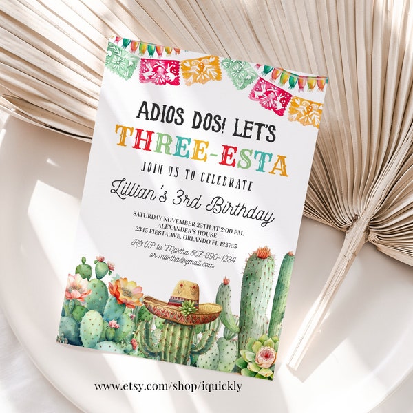 Three esta birthday invitation Editable three esta invite fiesta 3rd birthday Mexican Taco Cactus Cinco de Mayou Template Printable Digital