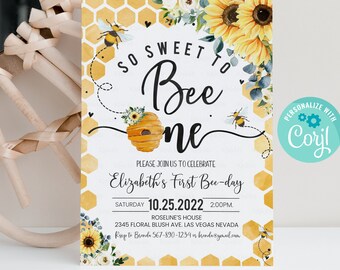 Editable Bee Birthday Invitation Honey Bee Birthday Party Bee 1st Birthday So Sweet To Bee One Party Bee-Day 1st Birthday Instant download