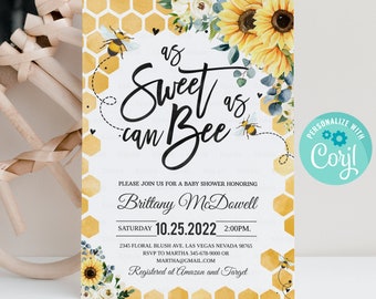 Editable Bee Baby Shower Invitation Sunflower Gender Neutral Baby Shower Invite Printable Template Instant Download