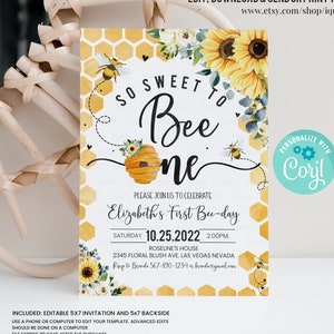 Editable Bee Birthday Invitation Honey Bee Birthday Party Bee 1st Birthday So Sweet To Bee One Party Bee-Day 1st Birthday Instant download