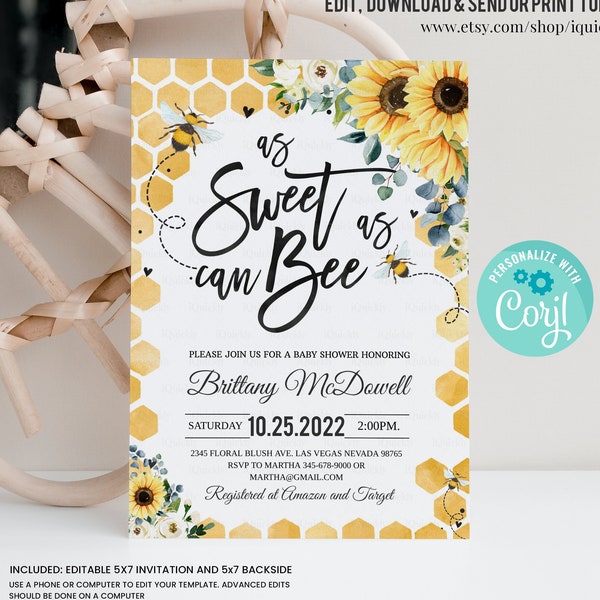 Editable Bee Baby Shower Invitation Sunflower Gender Neutral Baby Shower Invite Printable Template Instant Download