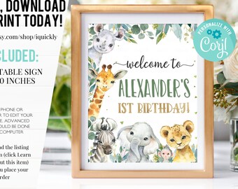 Editable Party Animals Welcome Sign Party Animal Sign Zoo Safari Welcome Jungle Sign Birthday Animals Boy Template Printable Corjl