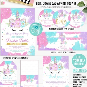 Editable Unicorn Party Decorations, Unicorn Party Package Birthday Invitations Magical Unicorn Invite Girl Template Digital Instant Download